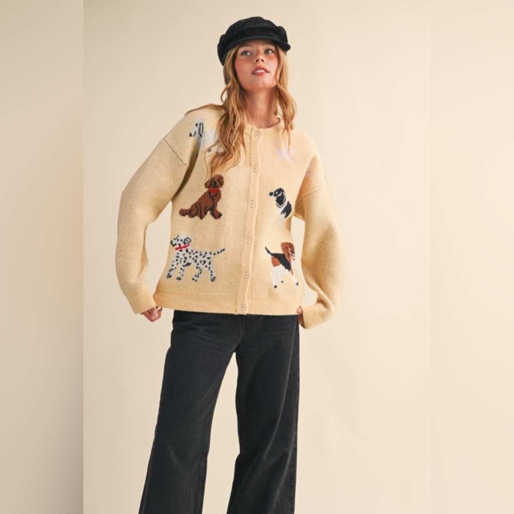 785. RESTOCKED Cream Dog Pattern Cardigan - Picture 2 of 2
